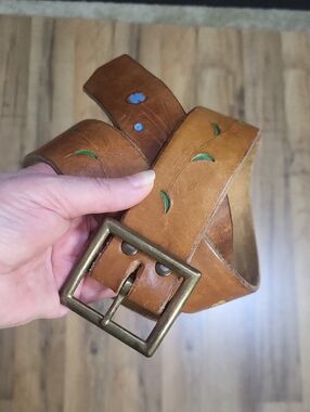 Brown Leather Hand-Tool and Floral Painted Belt 28"-34"